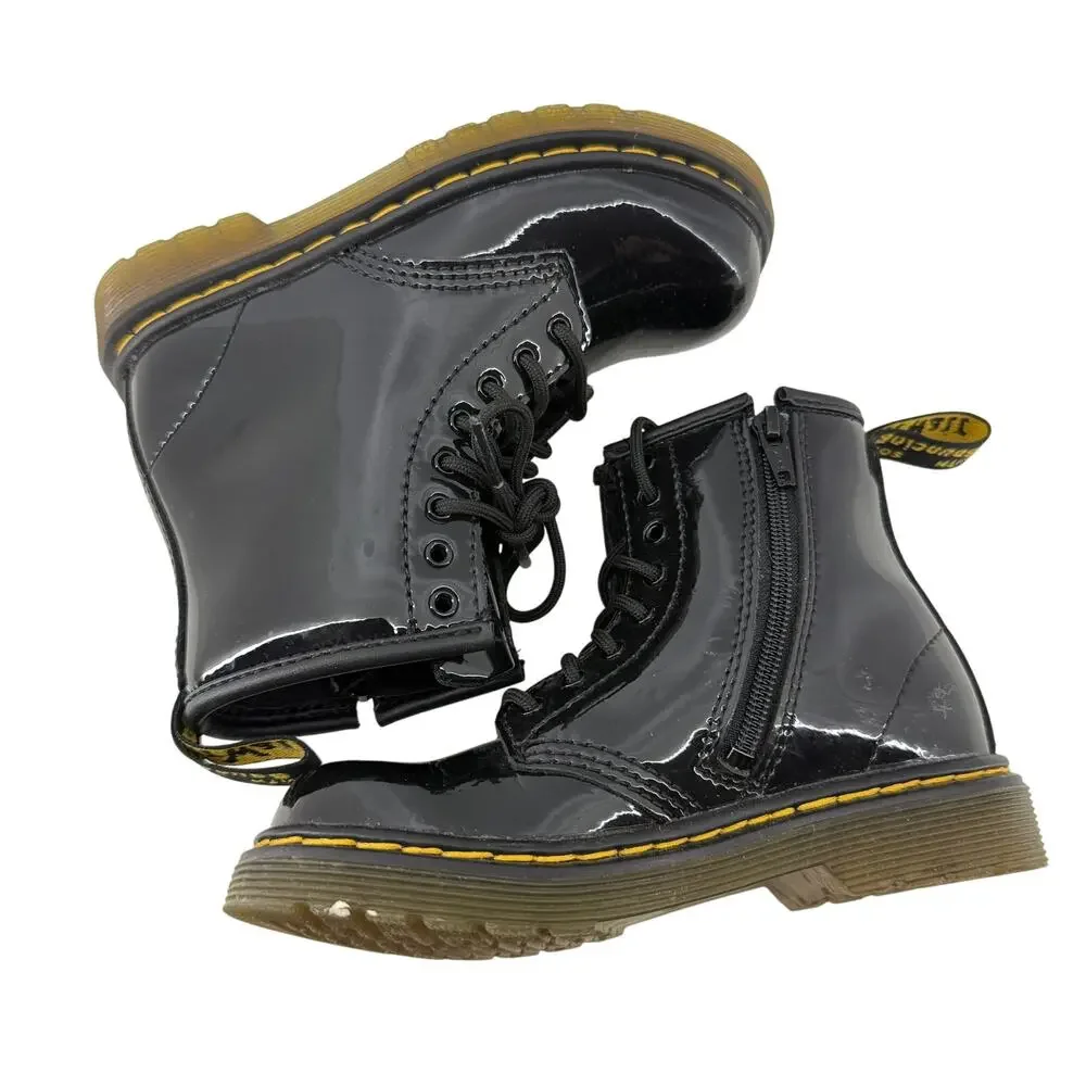 Dr. Martens Toddler Black Patent Leather Lace Up Combat Boots Size 9